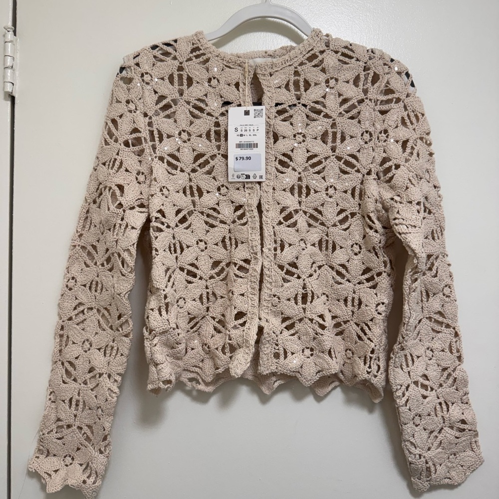 Zara NWT small Cream Crochet Sweater with clear sequins